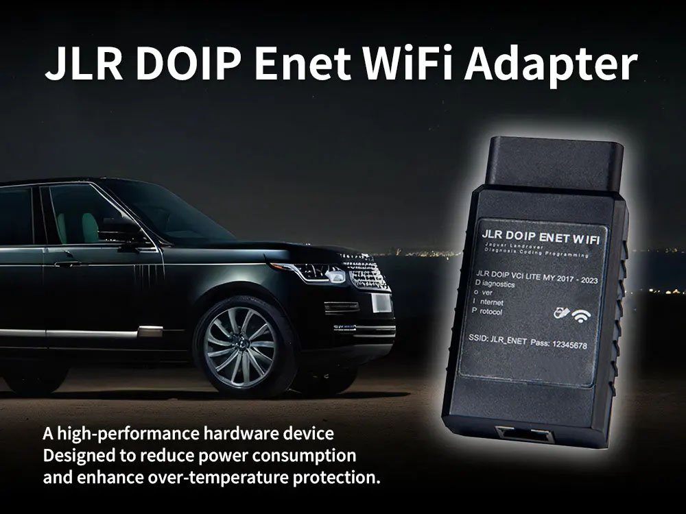 JLR Enet WiFi Adapter connected to OBD-II port for JLR coding and programming
